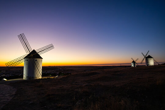 Windmills of La Mancha at sunset in Mota del Cuervo