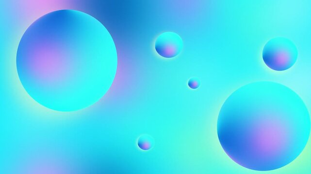 Floating spheres in vibrant blue neon gradient liquid background. Abstract motion of glowing circular shapes
