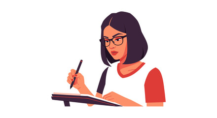 Fototapeta premium A woman with glasses is writing on a digital tablet with a stylus