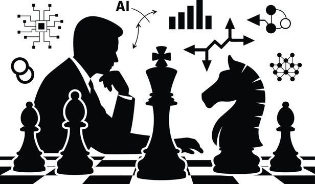 chess, businessman, ai, data analysis, strategy, planning, business, finance, technology, innovation, artificial intelligence, graphs, charts, molecular structures, circuit board, chessboard, king, qu