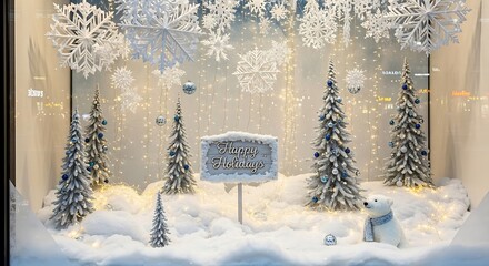 Naklejka premium Festive snowy window display with decorated trees, snowflakes, and a polar bear