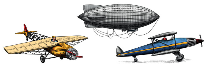 Passenger airplane corncob or plane aviation. Airship or zeppelin and dirigible or blimp. Travel illustration. Engraved hand drawn in old sketch style, vintage transport. © artbalitskiy