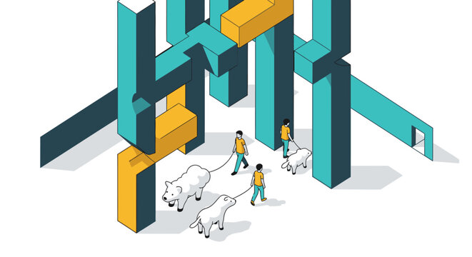 Abstract maze with people walking dogs, symbolizing complex challenges, problem-solving, and navigating life's obstacles.
