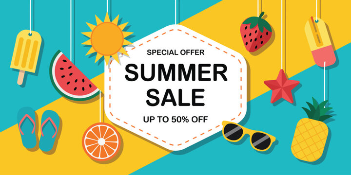 Bright summer sale advertisement with colorful and sun