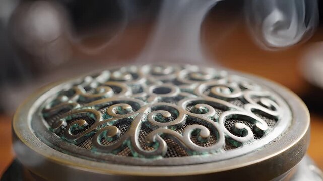 Closeup of Incense Burning in an Ornate Metal Burner with Smoke Wisps.