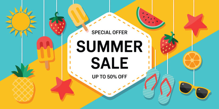 Bright summer themed sale advertisement with tropical and discount text