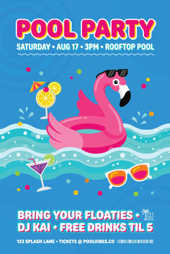 Cartoon pink flamingo floatie with sunglasses in blue pool party invitation