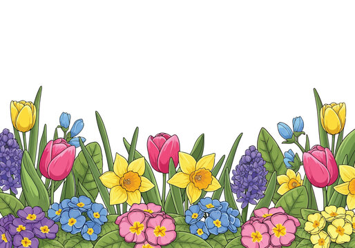 Colorful spring flowers border with tulips, daffodils, hyacinths, primroses, and forgetmenots