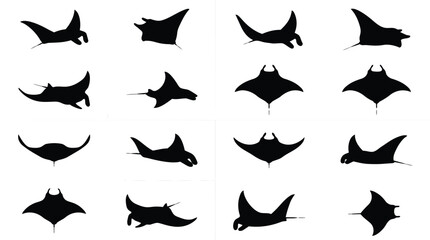 Fototapeta premium Collection of Manta Ray Silhouettes in Various Dynamic Poses.