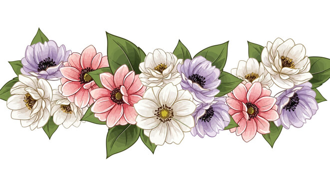 Floral border with pink, white, and purple anemone flowers and green leaves