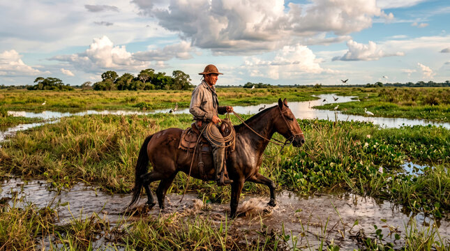 Cavalo pantaneiro atravessando &aacute;rea alagada no campo