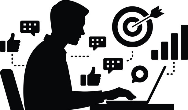 silhouette, man, laptop, social media, target, thumbs up, chat bubbles, bar graph, arrow, bullseye, online, digital, communication, tec Silhouette of man working on laptop with social media and target