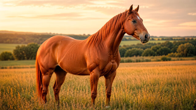 Cavalo Quarto de Milha em pasto rural ao entardecer