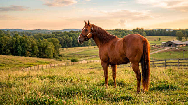 Cavalo Quarto de Milha em pasto rural ao entardecer