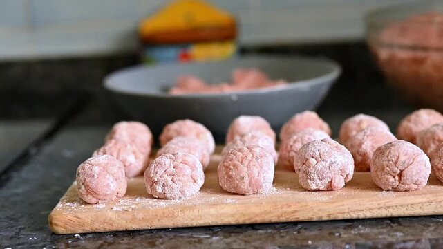 Close up of floured raw meatballs on wooden board ready to cook, high protein homemade recipe concept, healthy meal preparation, traditional ground meat cooking process, moving camera shot