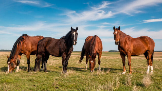 Grupo de cavalos em campo aberto sob c&eacute;u azul
