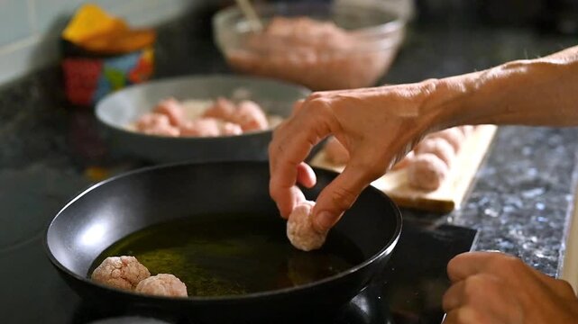 close up of homemade meatballs frying in a skillet with extra virgin olive oil while a woman adds more raw meatballs during a healthy protein rich family meal preparation in a home kitchen