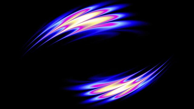Glowing blue and purple neon strokes moving across black background. Abstract light streaks following curved trajectory