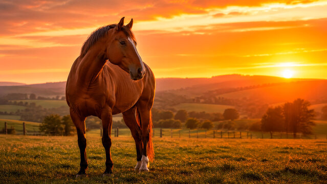 Cavalo em fazenda ao p&ocirc;r do sol com luz dourada