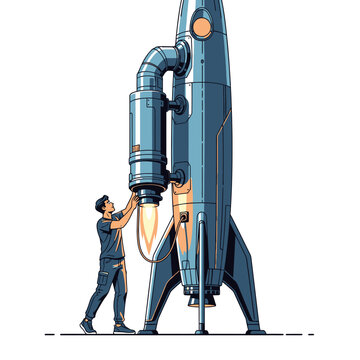Aerospace Engineer Assembling Glowing Thrusters onto Futuristic Space Rocket