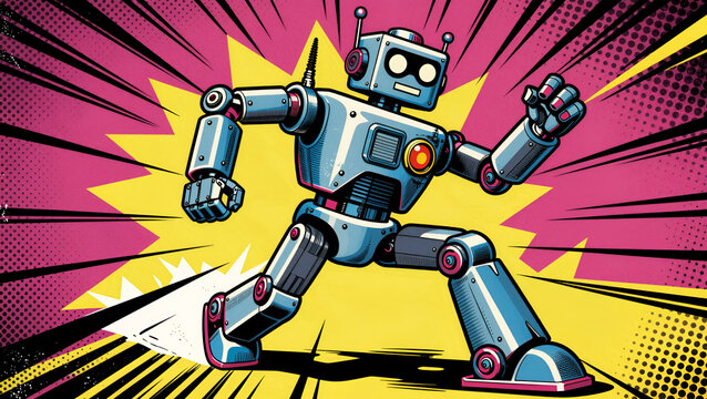 Retro robot in motion, showcasing bold outlines, halftone textures, and dramatic perspective in a vibrant pop art style reminiscent of mid-20th-century design.