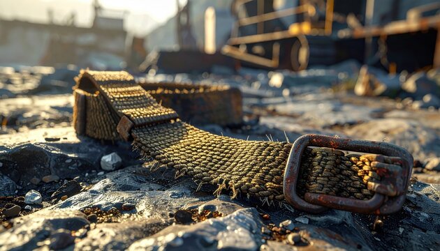 Worn and weathered heavy duty nylon webbing strap lying on a rough industrial construction site surface.