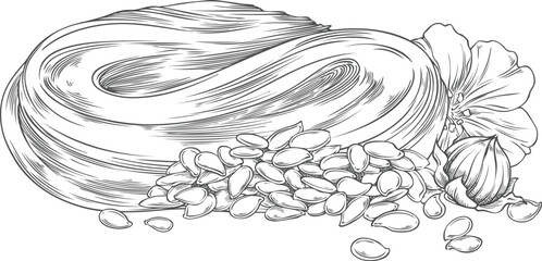 Naklejka premium Flax seed pile and herbal cream cosmetics product vector sketch, hand drawn Linen cereal crops harvest engraved