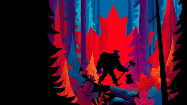 Vibrant lumberjack silhouette with giant maple leaf in bold graphic style for eye catching Canada Day posters