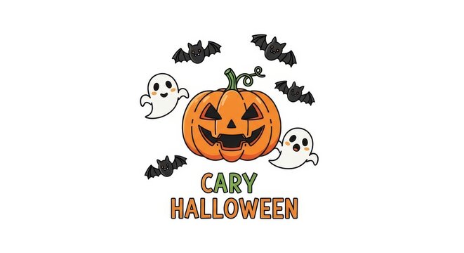 A Cute Halloween Illustration Featuring A Carved Jack-O-Lantern With Flying Ghosts And Small Bats.
