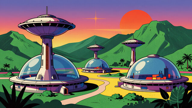 A futuristic space colony settlement surrounded by domed structures under lush green plant-covered mountains