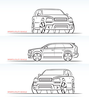 Set of vector car silhouettes, outlines, contours. Side and three-quarter view of a modern SUV vehicle. Can be used for automotive themed branding, banners, car shops, auto services.