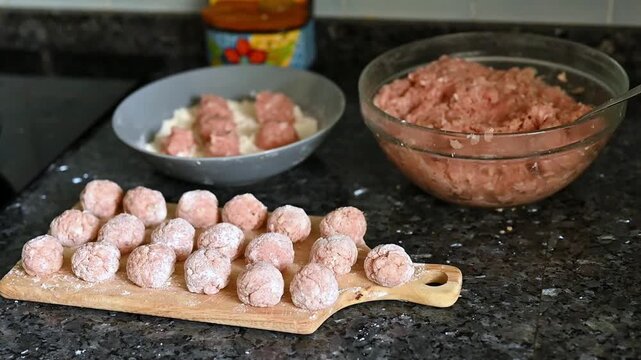 Homemade meatballs ingredients on kitchen countertop, ground meat in bowl, flour plate and raw shaped meatballs on wooden board, cooking mise en place, traditional recipe setup, home cooking scene