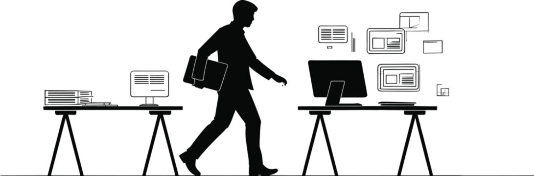 businessman, silhouette, briefcase, computer, workstation, desk, digital floating, technology, office, w Businessman walking past computer workstations, briefcase in hand, with digital floating nearby