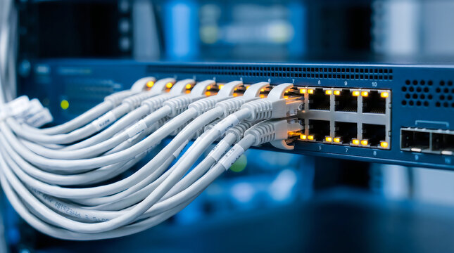 Closeup of network switch with connected ethernet cables in a server room