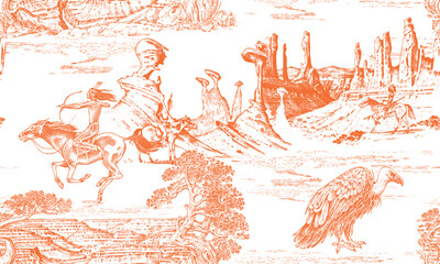 Toile de Jouy seamless pattern with Native American horseback with a bow on Wild West red rocks and Grand Canyon. Desert landscape and vulture perfect for textile , hand drawn luxury drawing