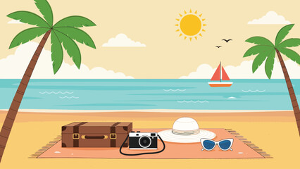 Obraz premium Tropical beach scene with palm trees and sailboat at sunset