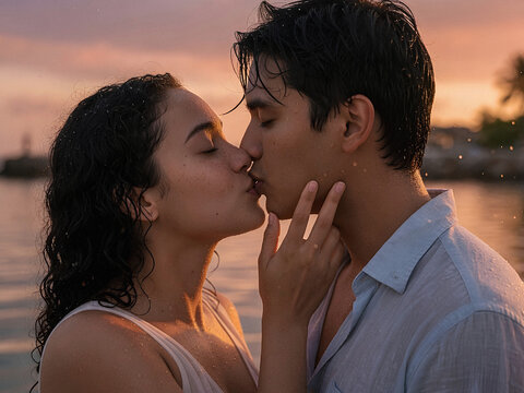 Young romantic couple kissing at sunset by the ocean water