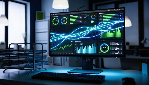 Displaying widescreen monitor showing analytics dashboard at office desk, with keyboard and mouse