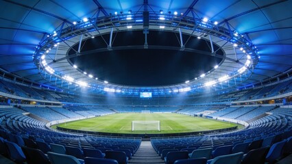 Naklejka premium Lighting empty green pitch with mowing stripes at stadium, showing goalposts, LED boards, roof ring