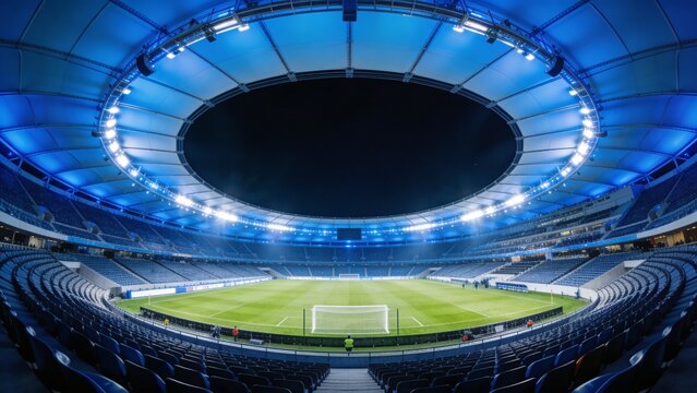 Framing football goal and green pitch glowing under blue floodlights at modern stadium, staff vests