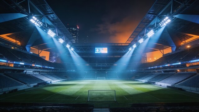 Showcasing empty soccer pitch gleaming under floodlights at modern stadium, with goalposts