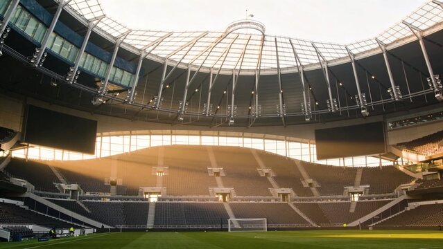 Showing football stadium bowl glowing with sun at pitch, goal net, staff high-visibility vests