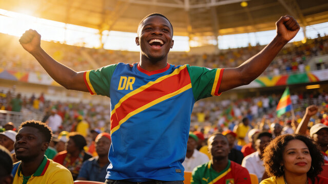 Cheering male fan wearing blue DR jersey raising arms in large stadium, with flags and flare