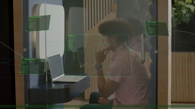 Office worker leaning, resting chin in glass pod, initiating HUD panels on glass for tech analysis