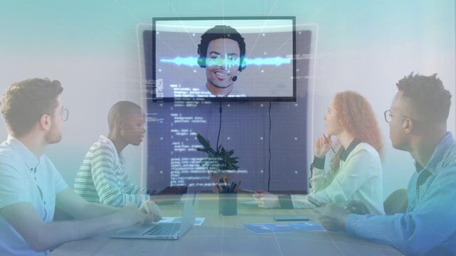 Remote presenter speaking while business team leaning, analyzing data and using HUD overlays