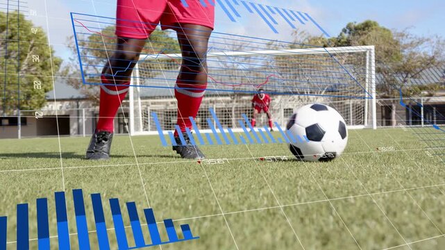 Player executing feint nudging ball seeking goal keeper tracking blue data tracking ball for sports