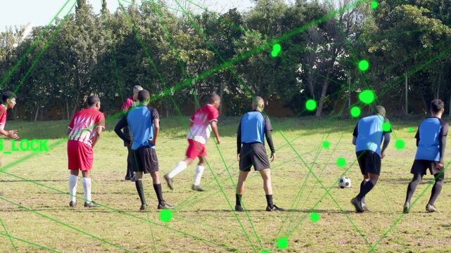 Soccer kicker striking free-kick seeking goal, ball hitting net as keeper diving, GPS_LOCK tracking