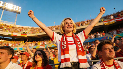 Fototapeta premium Cheering female fan wearing red-and-white scarf, white shirt red trim, standing on rail in stadium