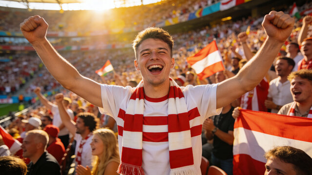 Cheering male fan in red-striped white tee and red-white scarf raising arms in stadium, with flags