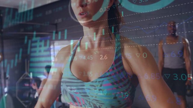 Female lifter gripping bar and initiating upright-row, overlaying fitness charts tracking strength